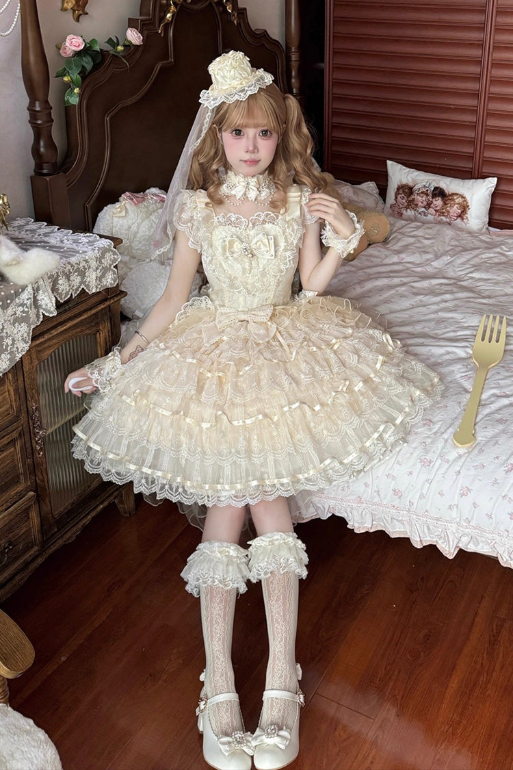 Apricot [Ballad of Feathers] Sleeveless Multi-Layered Ruffle Hanayome Bowknot Sweet Lolita Jsk Dress - Product - 4