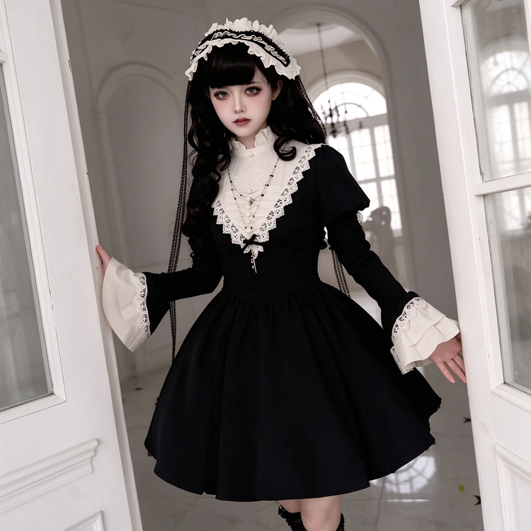 Black and White Plaid Ruffled Maid Lolita Dress with Apron Bow Accent - view 15