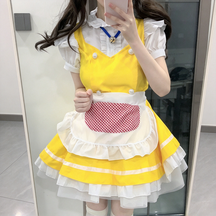 Yellow and White Ruffled Maid Lolita Dress with Apron Bell Accent - view 3