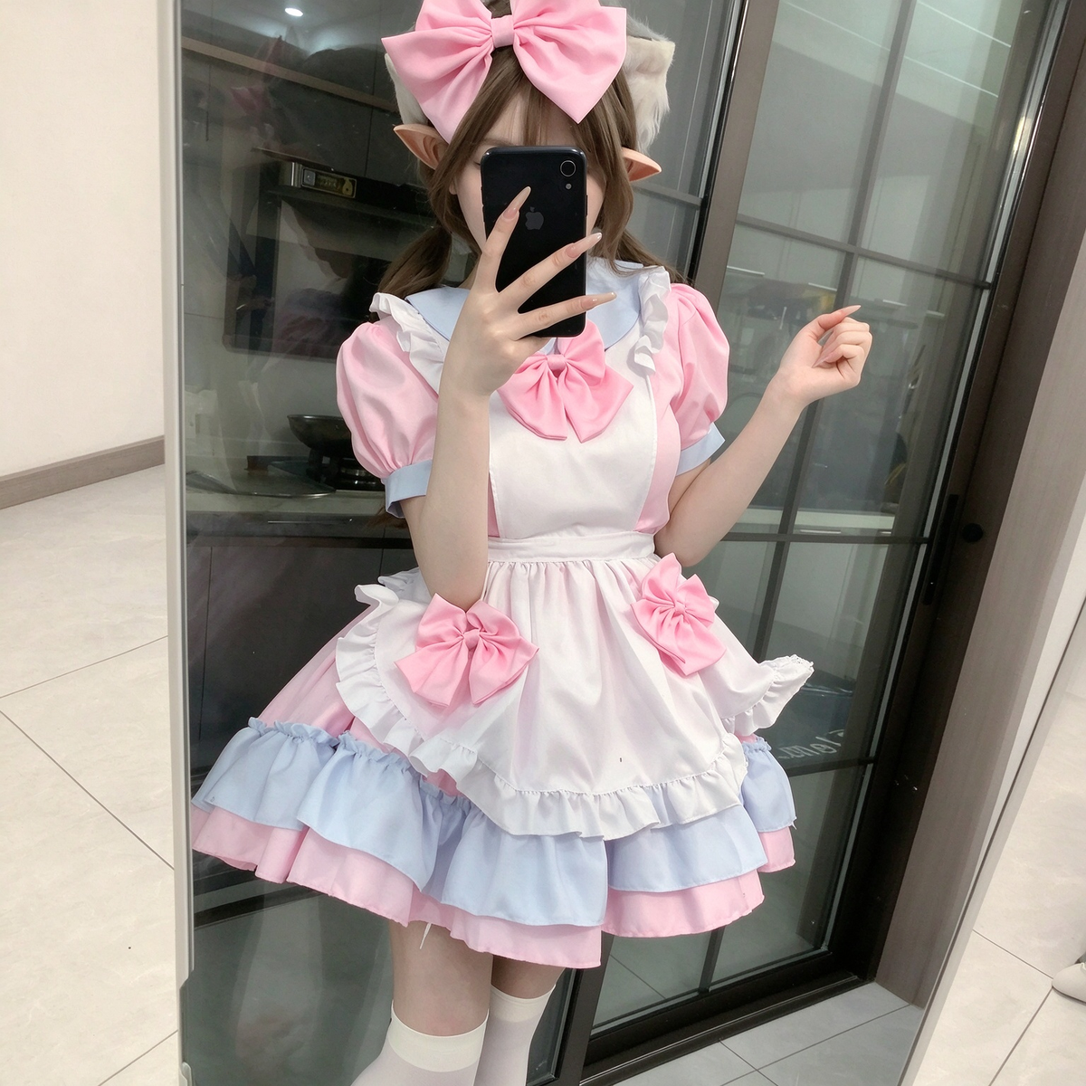Brown and Pink Ruffled Maid Lolita Dress with Apron Bow Accent - view 5