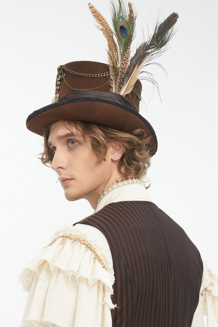 Brown Chain-Decorated Men's Gothic Accessory Gear Feather Top Hat - Product - 4