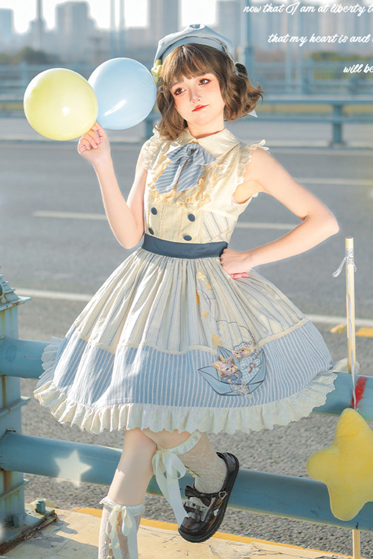 Blue/Ivory Catch The Stars Print Navy Style Sleeveless Ruffle Bowknot Sweet Lolita Dress - Product - 4