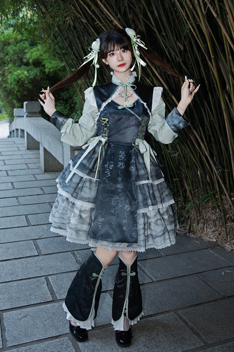 Cheongsam Ink Print Multi-layer Bowknot Sweet Chinese Style Princess Lolita Jsk Dress 2 Colors - Product - 2