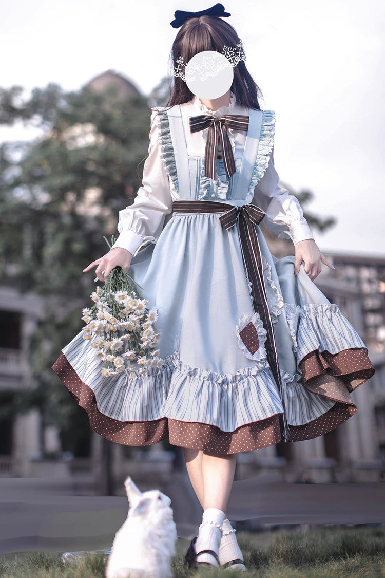 Blue/Brown [Magic Vocal Club] Ruffle Bowknot Sweet College Style Elegant Lolita Jsk Dress - Blue/Brown - 1