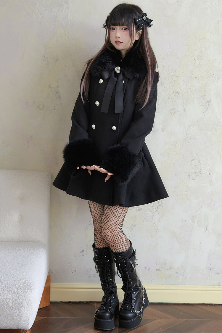 Black Double-Breasted Long Sleeves Bowknot Japanese Sweet Lolita Coat - Product - 5