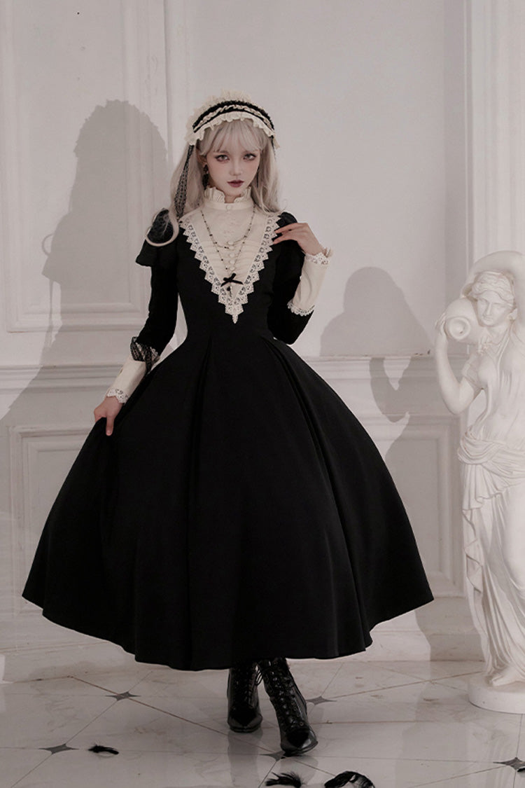 Black [Letters and Poems·Nocturne] Nun Long Sleeves Ruffle Gothic Lolita Long Dress - Product - 7