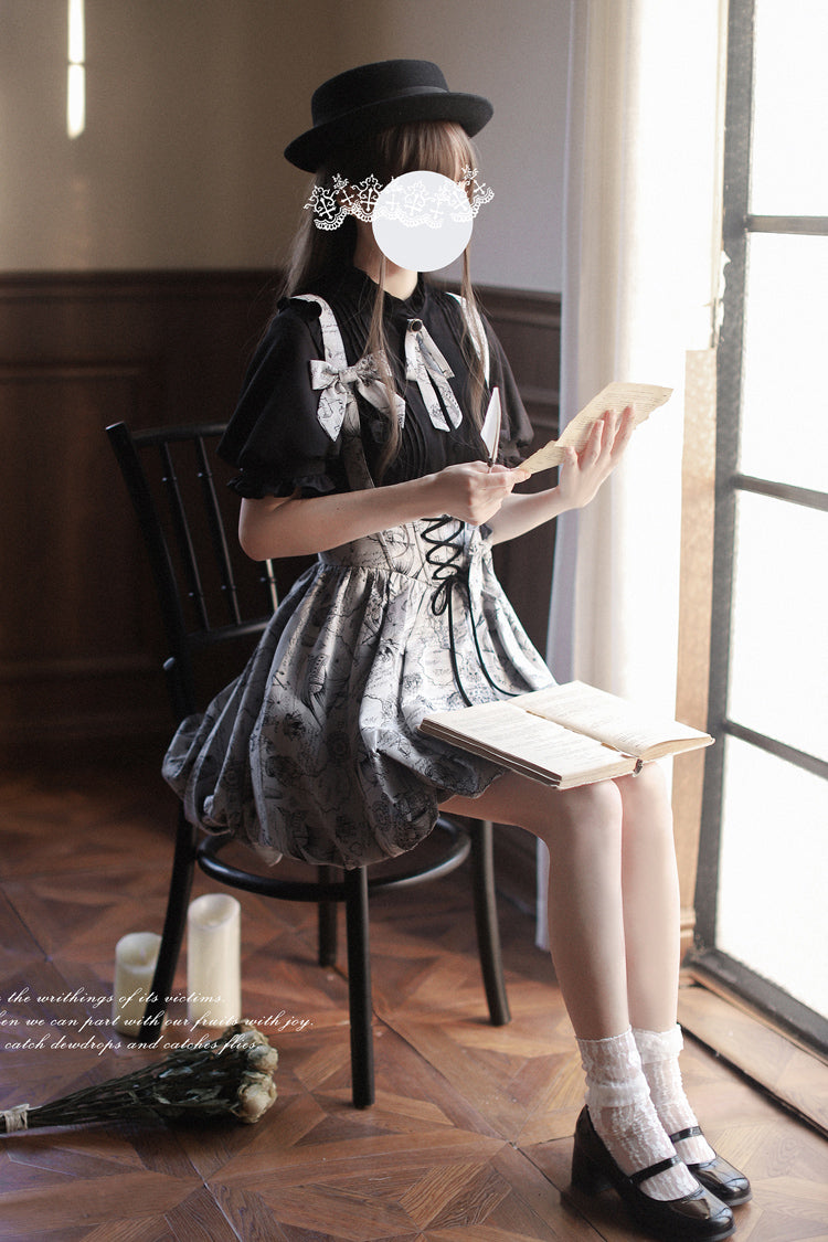 Grey [Elise] Print Bowknot Lace-Up Sweet Vintage Lolita Skirt - Product - 5