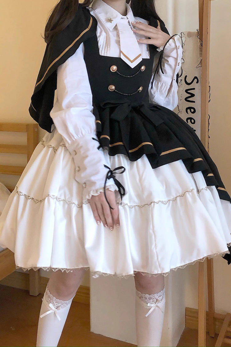 Black/White [Commander] Long Sleeves Ruffle Bowknot Irregular Sweet Lolita Dress Coat Cloak Set - Product - 3
