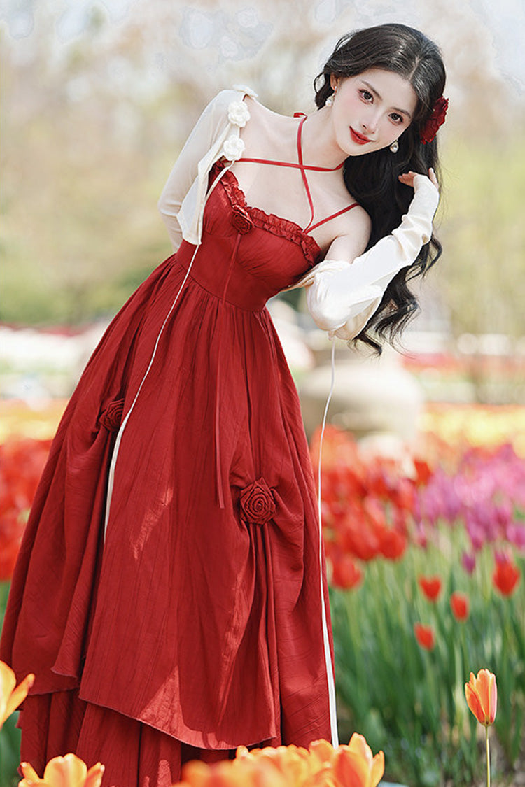 Red Sleeveless Double-Layered Ruffled Rose Classic Lolita Jsk Dress - Product - 2