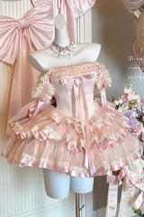 Pink [Princess Ribbon] Off Shoulder Triple-Layered Ruffle Bowknot Sweet Lolita Dress - Product - 7