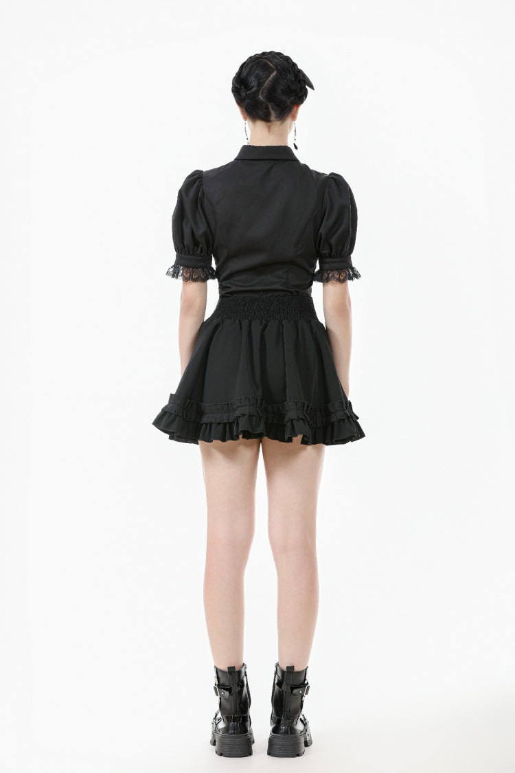 Black Point Lapel Collar Short Puff Sleeves Women's Gothic Blouse with Removable Rosette Cravat - Product - 4
