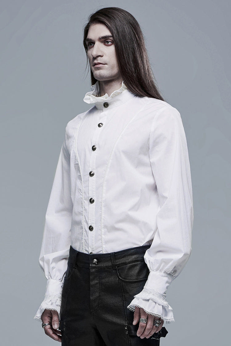 White Stand Collar Lantern Sleeves Slim Men's Gothic Blouse - Product - 2