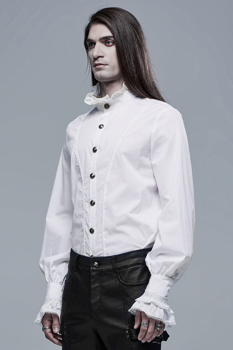 White Stand Collar Lantern Sleeves Slim Men's Gothic Blouse - Product - 2