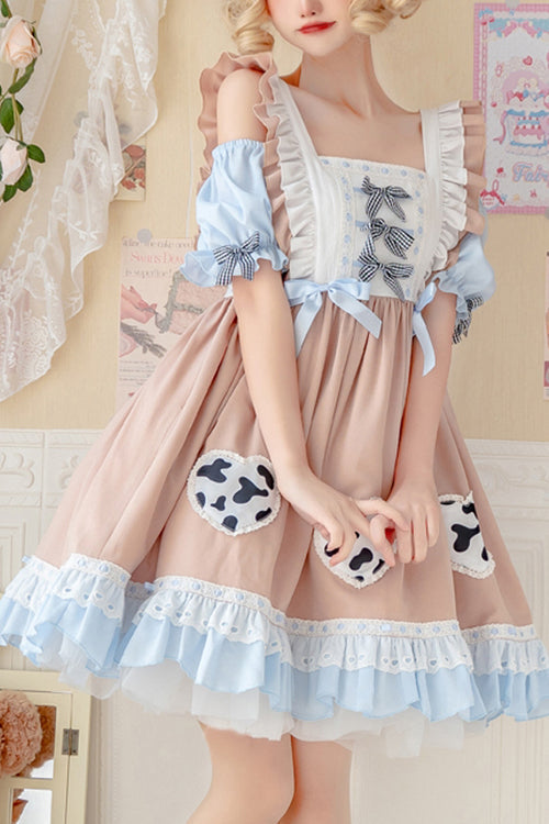 Apricot Pastoral Girl Ruffled Sling Short Sleeves High Waisted Sweet Lolita OP Dress - Apricot - 1