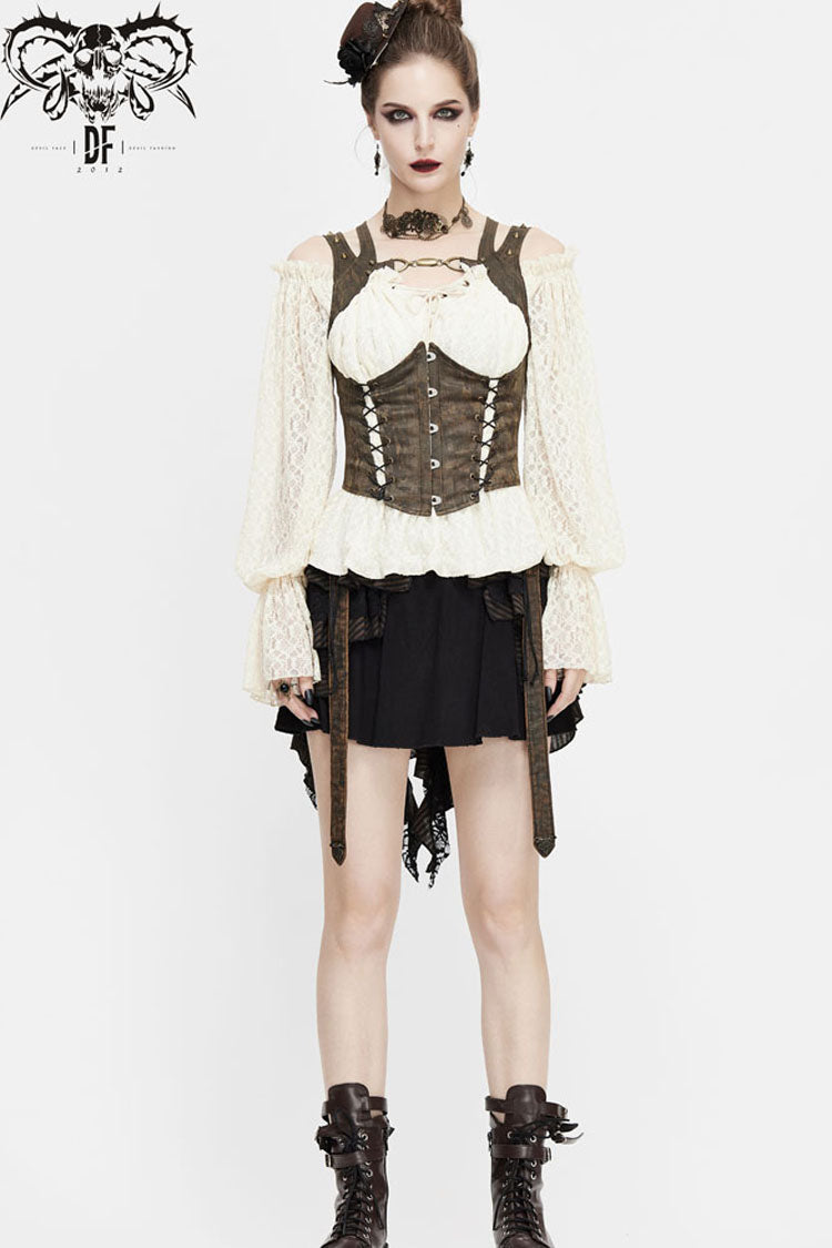 Brown Lace Up Chest Hollow Steel Buckle Rivet Strap Women's Punk Waistcoat - Product - 3