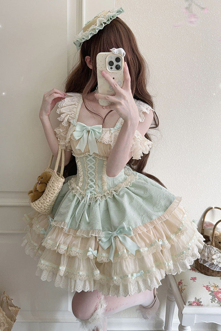 Green [Flory Butterfly] Double-Layered Ruffle Bowknot Lace Lace-Up Sweet Ballet Lolita Jsk Dress - Green - 1
