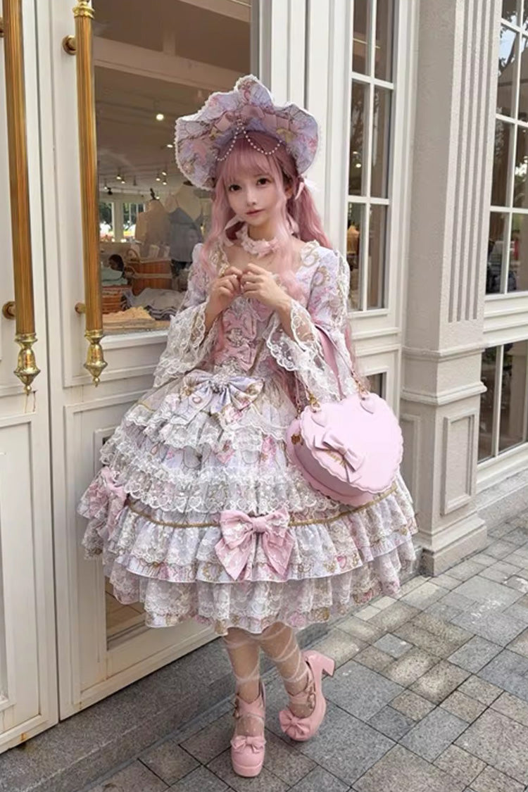 Purple [Candlelight Elegance] Long Trumpet Sleeves Multi-Layered Ruffle Bowknot Lace Sweet Elegant Lolita Dress - Product - 2