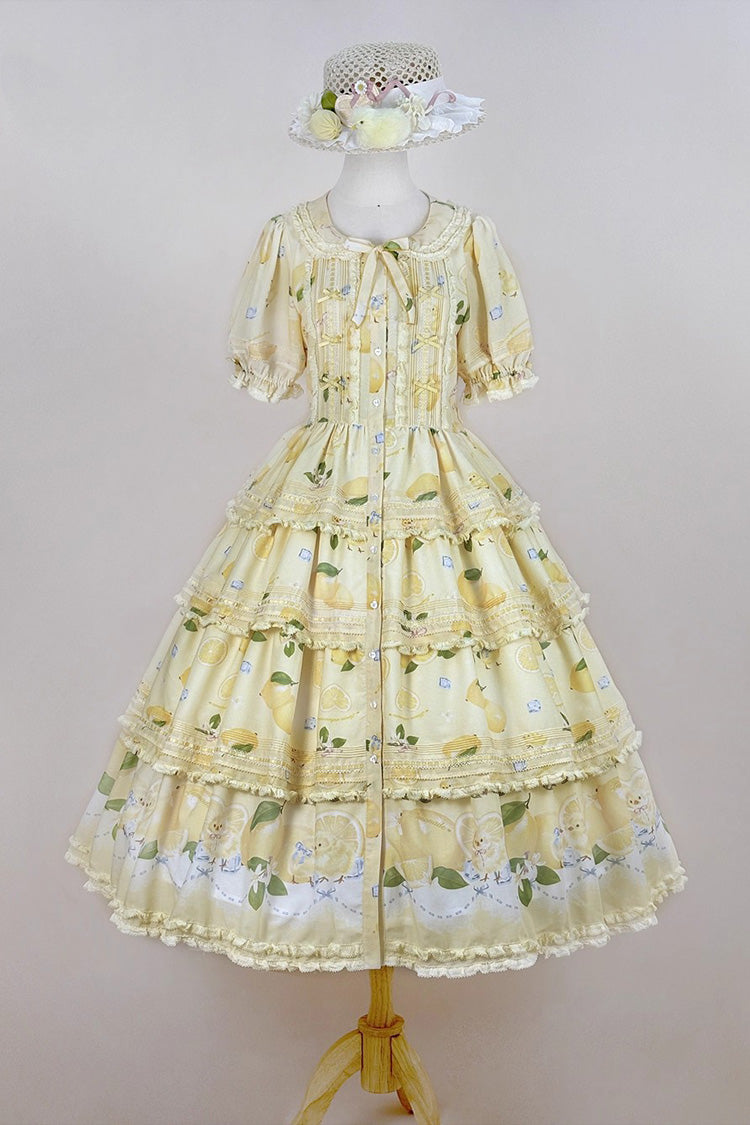 Yellow [Lemon Chicken] Short Sleeves Triple-Layered Print Ruffle Bowknot Lace Sweet Gorgeous Lolita Dress - Product - 3