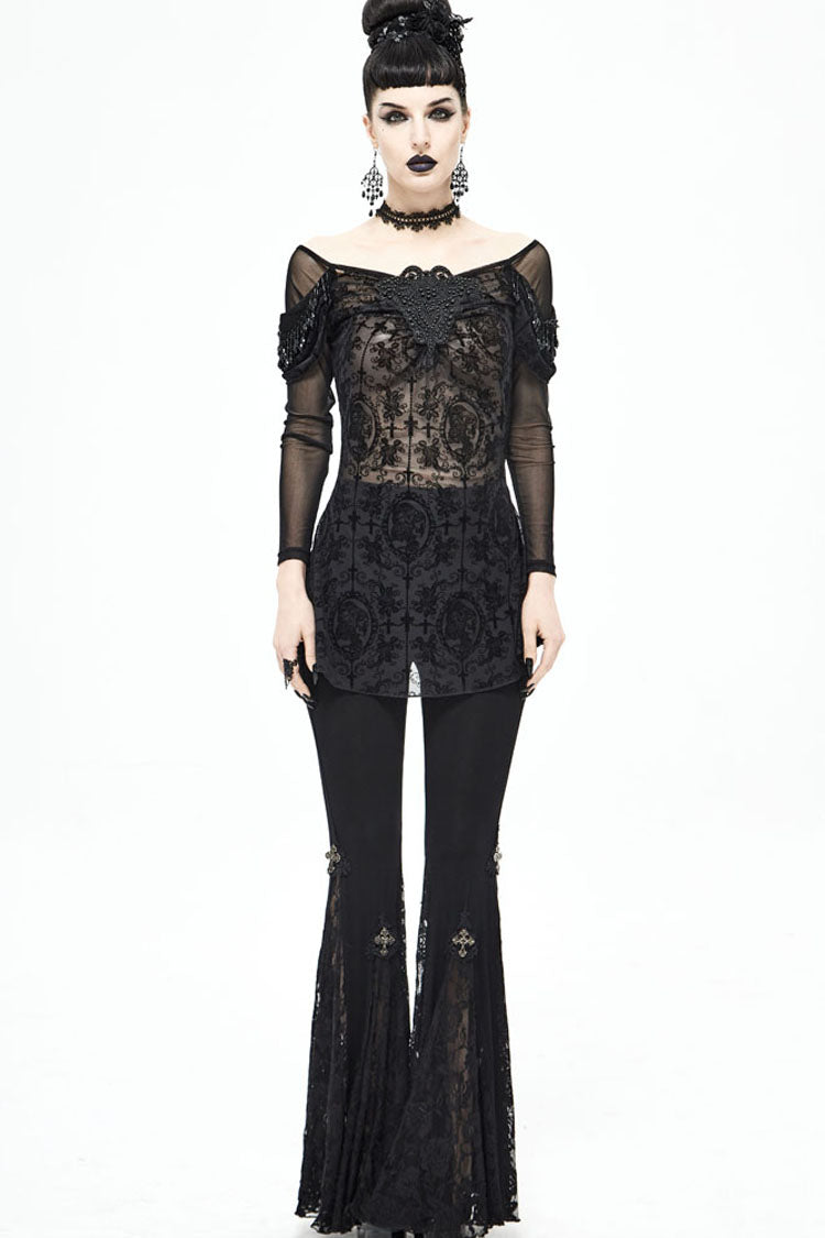 lack Gothic Off-Shoulder Front Chest Decals Bead Sleeve Beaded Tassel Webbing Flocking Print Women's Shirt - Product - 5
