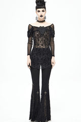 lack Gothic Off-Shoulder Front Chest Decals Bead Sleeve Beaded Tassel Webbing Flocking Print Women's Shirt - Product - 5