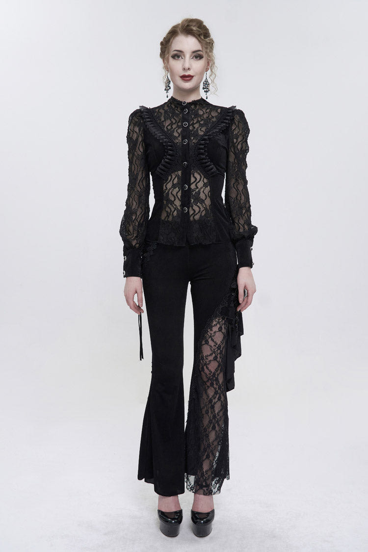Black Velvet High Neck Lace Fake Bra Design Splicing Three-Dimensional Butterfly Mesh Women's Gothic Shirt - Product - 4