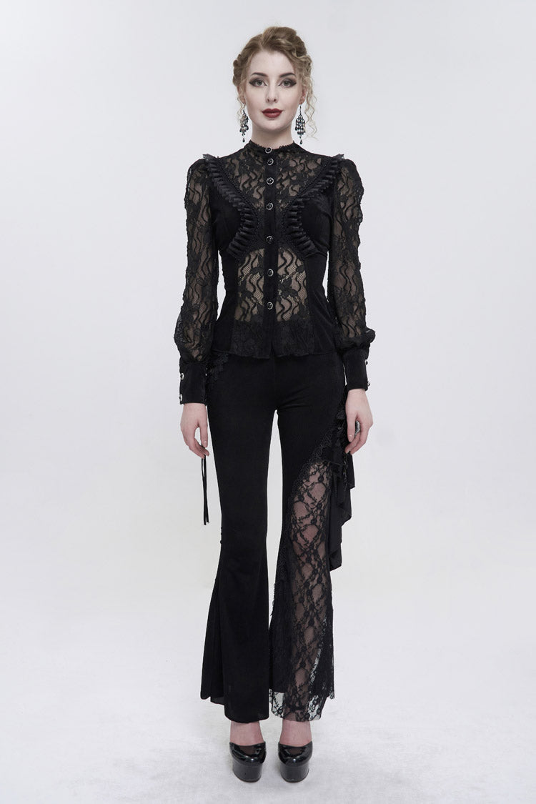 Black Velvet High Neck Lace Fake Bra Design Splicing Three-Dimensional Butterfly Mesh Women's Gothic Shirt - Product - 4