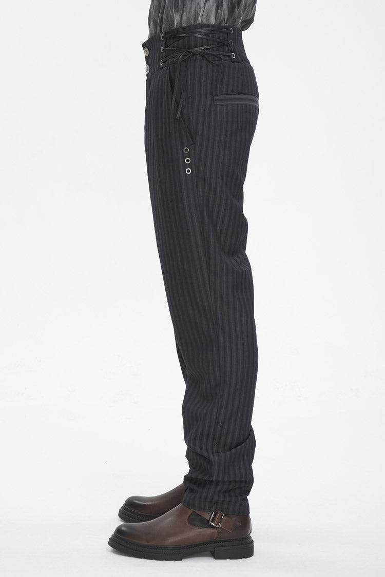 Black High Waisted Lace-Up Striped Men's Gothic Pants - Product - 3