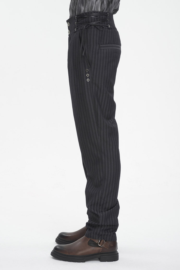 Black High Waisted Lace-Up Striped Men's Gothic Pants - Product - 3