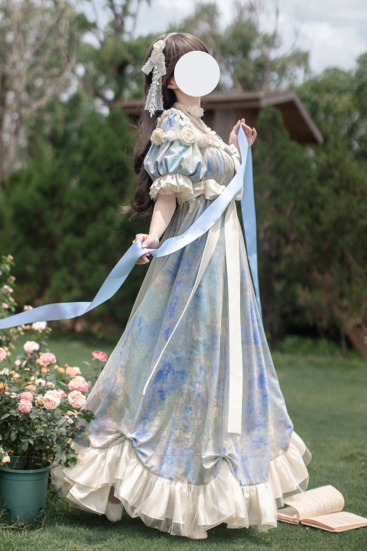 Blue [Oil Painting Sun and Moon Poem] Short Sleeves Print Ruffle Bowknot Sweet Princess Lolita Dress - Product - 10