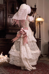 Light Brown [Cupid’s Poetry Box] Boat Neck Short Puff Sleeves Ruffled Cut-Out Embroidered Bow Lace Gothic Elegant Lolita Skirt Dress and Top Set - Product - 7