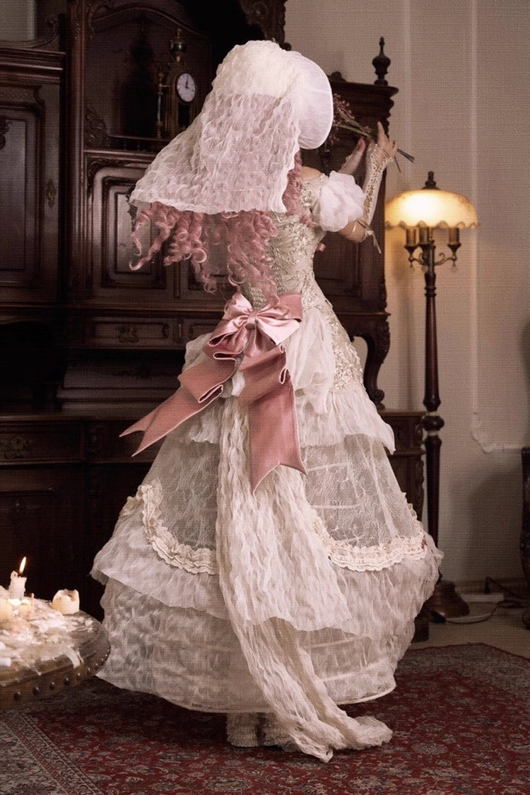 Light Brown [Cupid’s Poetry Box] Boat Neck Short Puff Sleeves Ruffled Cut-Out Embroidered Bow Lace Gothic Elegant Lolita Skirt Dress and Top Set - Product - 7