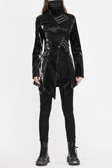 Black High Collar Slim Leather Womens Punk Coat - Black - 1