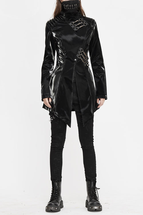 Black High Collar Slim Leather Womens Punk Coat - Black - 1