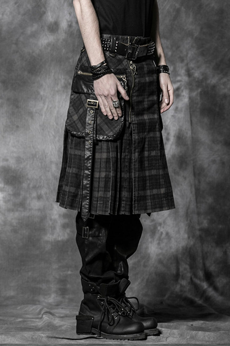 Black Plaid Print Ruffle Men's Steampunk Skirt - Product - 2