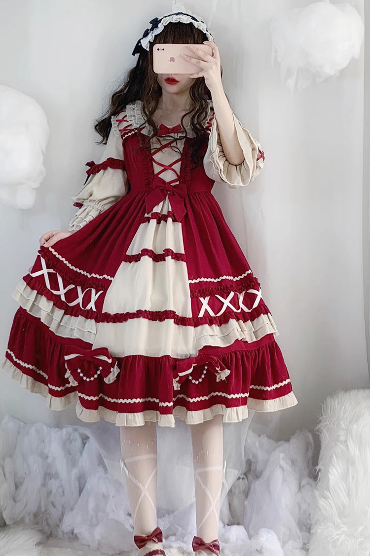 Wine Red Bowknot Long Sleeves Ruffle Sweet Lolita Op Dress - Product - 4