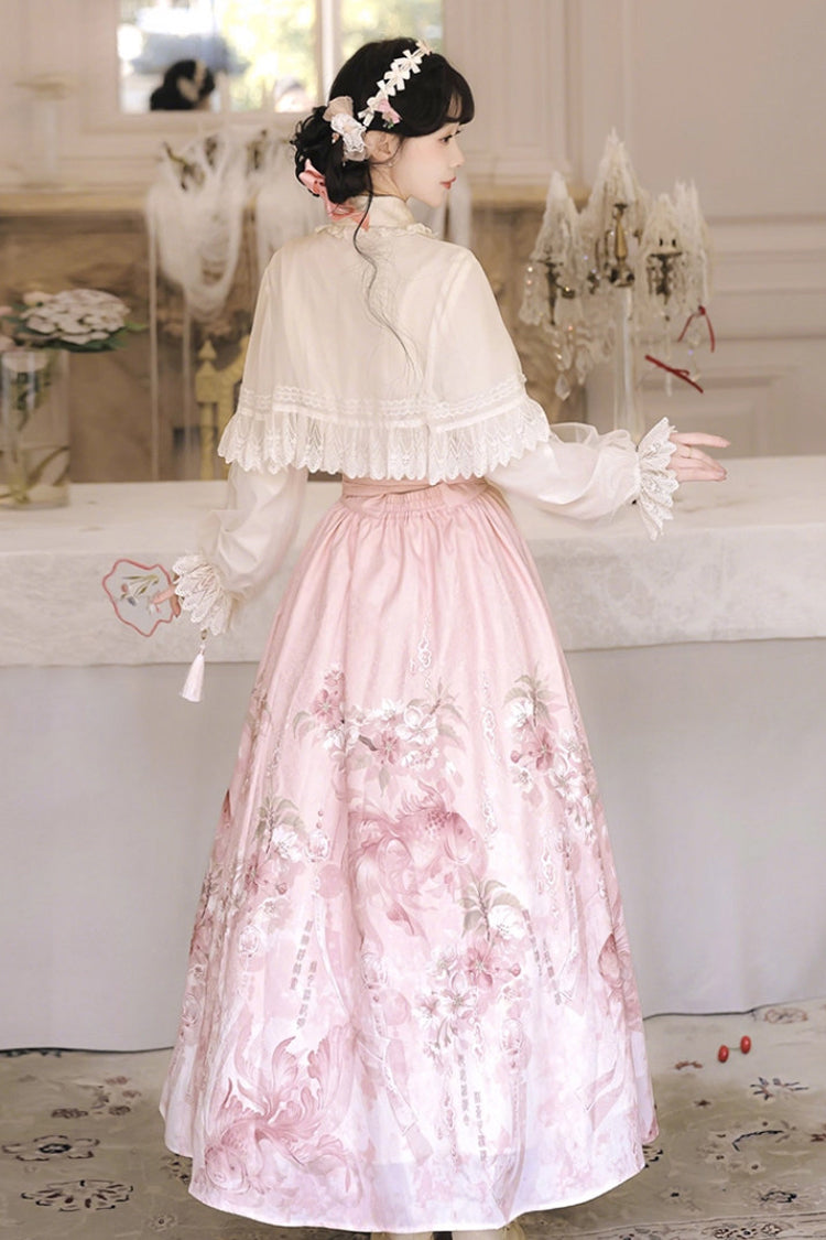 White/Pink [Cherry Blossom Rain] Lapel Collar Long Sleeves High Waisted Printed Women's Sweet Hanfu Dress Set - Product - 5