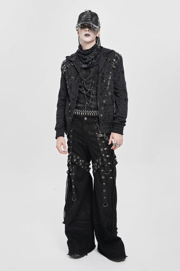 Black Long Sleeves Hexagram Print Hooded Ripped Pleated Men's Punk Coat - Product - 5