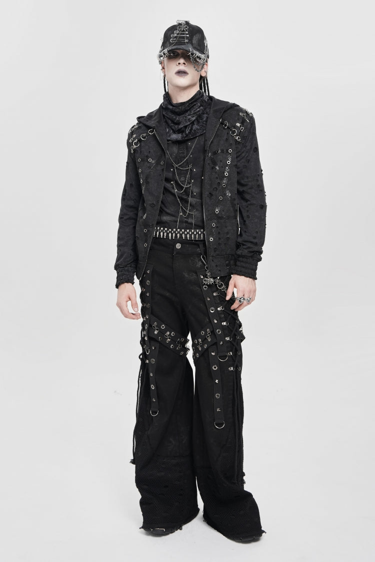 Black Long Sleeves Hexagram Print Hooded Ripped Pleated Men's Punk Coat - Product - 5
