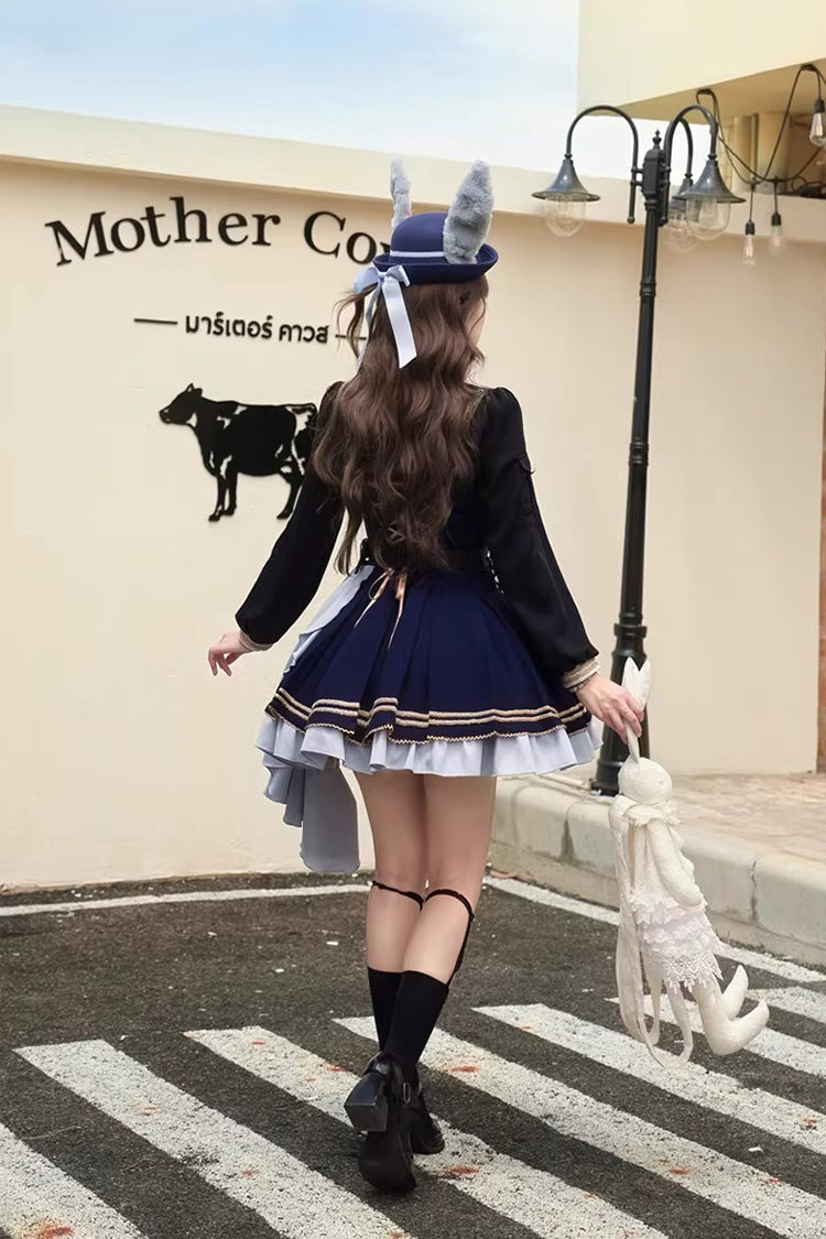 Blue [Rabbit Police Officer] Ruffled Bow Asymmetric College Style Handsome Lolita Jsk Dress - Product - 6