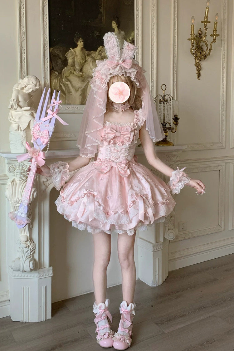 Pink [Sakura Bunny Ballad] Square Collar Flutter Sleeves Jacquard Ruffled Bow Lace Sweet Elegant Luxurious Short Lolita Jsk Dress - Product - 16