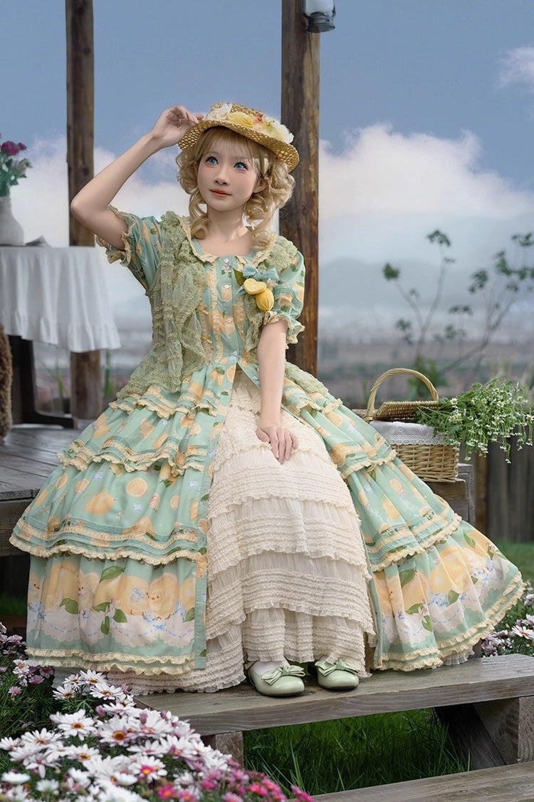 Green [Lemon Chicken] Short Sleeves Triple-Layered Print Ruffle Bowknot Lace Sweet Gorgeous Lolita Dress - Product - 5