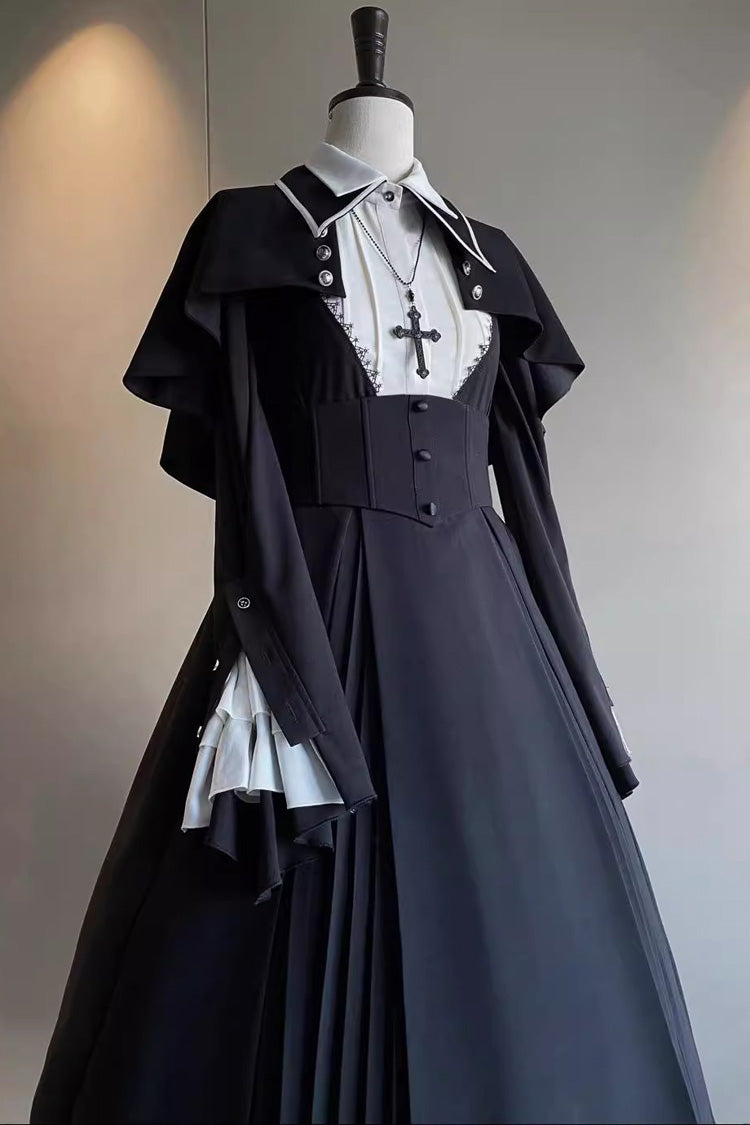 Black Cross Salute Nun Long Sleeves Ruffle Plus Size Gothic Lolita Strap Dress Set - Product - 3