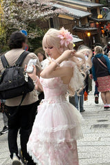 Pink [Sakura Trio] Sleeveless Double-Layered Ruffle Bowknot Lace Sweet Princess Lolita Jsk Dress - Product - 3