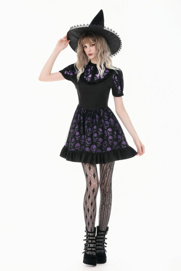 Black/Purple Short Puff Sleeves Skull Printed Lace-Up Women's Lolita Gothic Dress - Product - 8