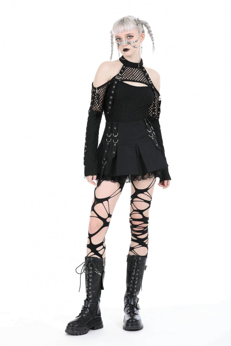 Black Off Shoulder Long Sleeves Cut-Out Spliced Mesh Women's Punk Top - Product - 7