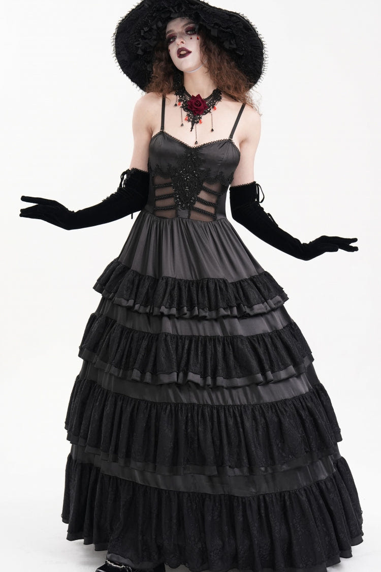 Black Multi-Layered Ruffle Lace-Up Mesh Women's Gothic Dress - Product - 6