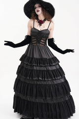 Black Multi-Layered Ruffle Lace-Up Mesh Women's Gothic Dress - Product - 6