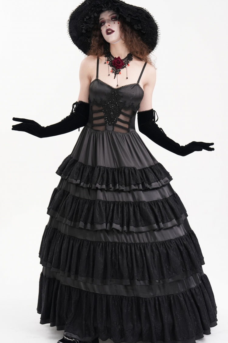 Black Multi-Layered Ruffle Lace-Up Mesh Women's Gothic Dress - Product - 6