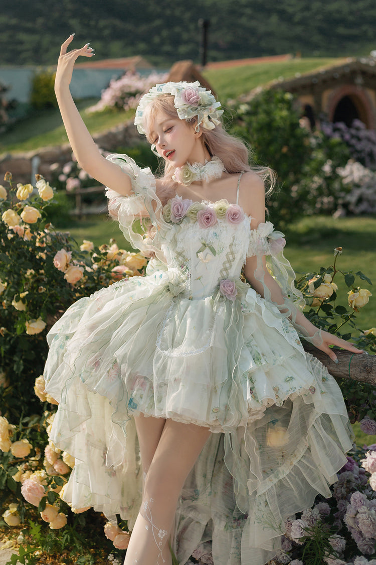 Green [Spring Rose] Sleeveless Multi-Layered Bowknot Lace-Up Fishbone Sweet Lolita Jsk Dress - Product - 12