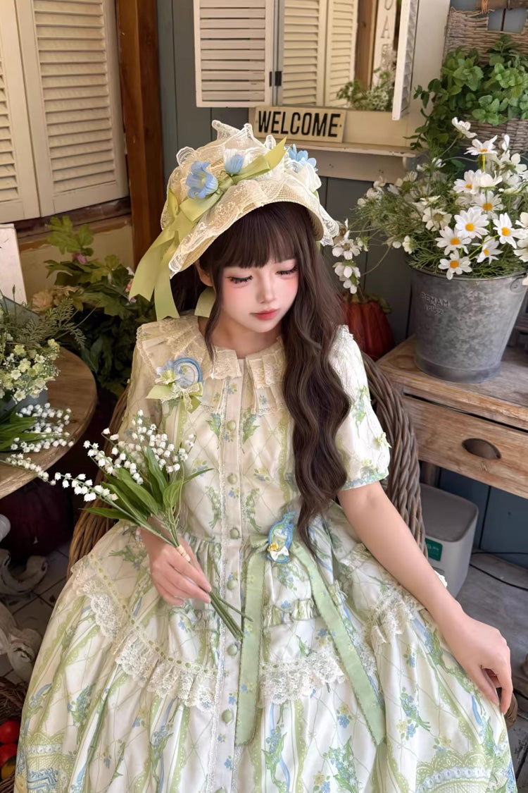 Ivory/Green [Lily of the Valley Perfume] Pearl Candy Tea Doll Collar Sleeveless Printed Lace Plus Size Sweet Lolita Jsk Dress - Product - 10